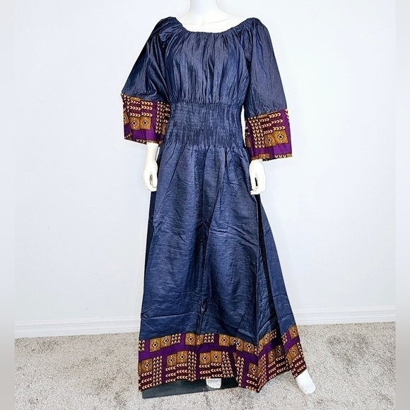 Maxi  Denim Off-shoulder Dress Printed trim - One Size Fits M - 2XL - Picture 1 of 5